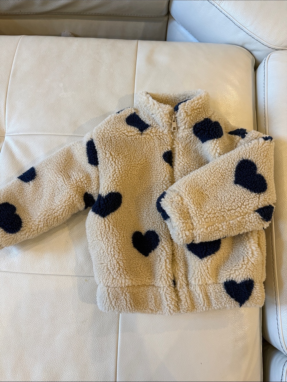 Zara Cream Sherpa Jacket with Navy Heart Print